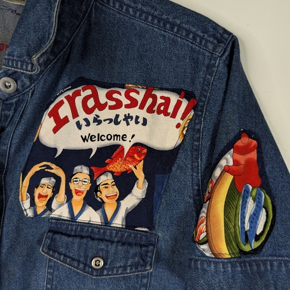 Denim Dress L Embellished Sushi Patches Upcycled - Picture 7 of 10